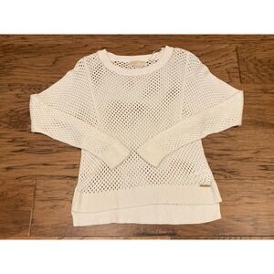 Michael Kors Women's White Open Knit Mesh Sweater Size Small Gold Pendant Logo